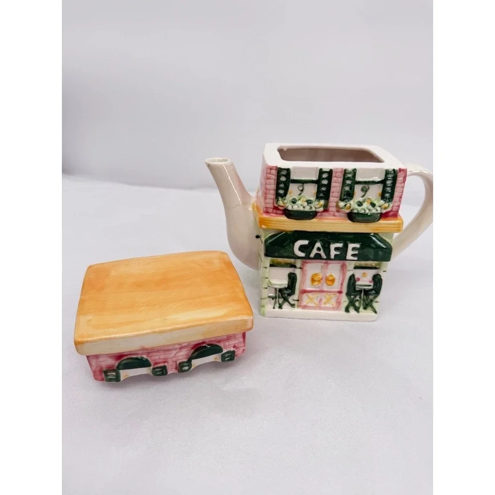 Cafe Teapot House Shaped Canister Cookie Jar Novelty House Bistro Kitchen Decor